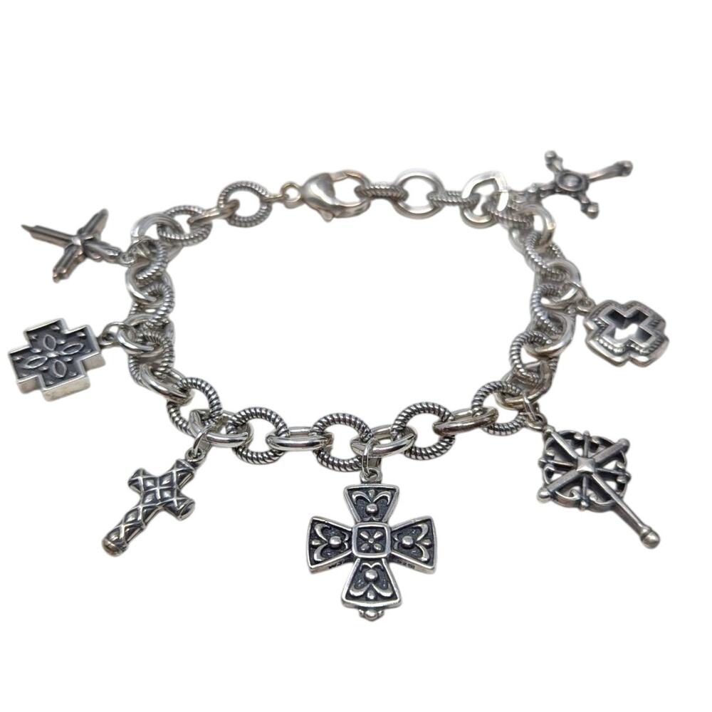 Sterling Silver 925 Cross Charm Bracelet – 8", 34.01g, Multiple Cross Designs